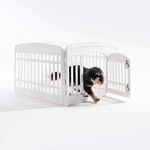 IRIS USA Dog Playpen, 4-Panel 24" Pet Playpen with Door, Puppy Playpen, Indoor/Outdoor Dog Pen, 35 x 35 x 24, Foldable, Customizable, White