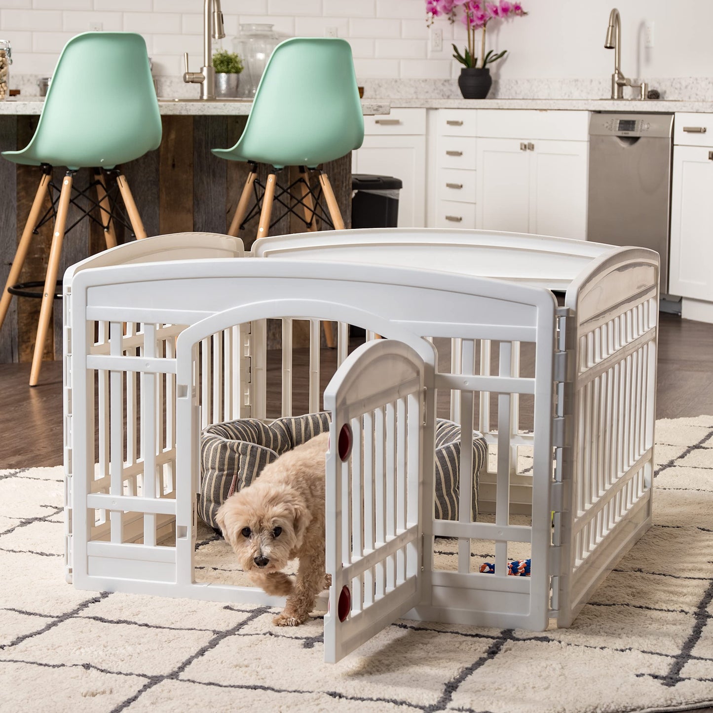 IRIS USA Dog Playpen, 4-Panel 24" Pet Playpen with Door, Puppy Playpen, Indoor/Outdoor Dog Pen, 35 x 35 x 24, Foldable, Customizable, White