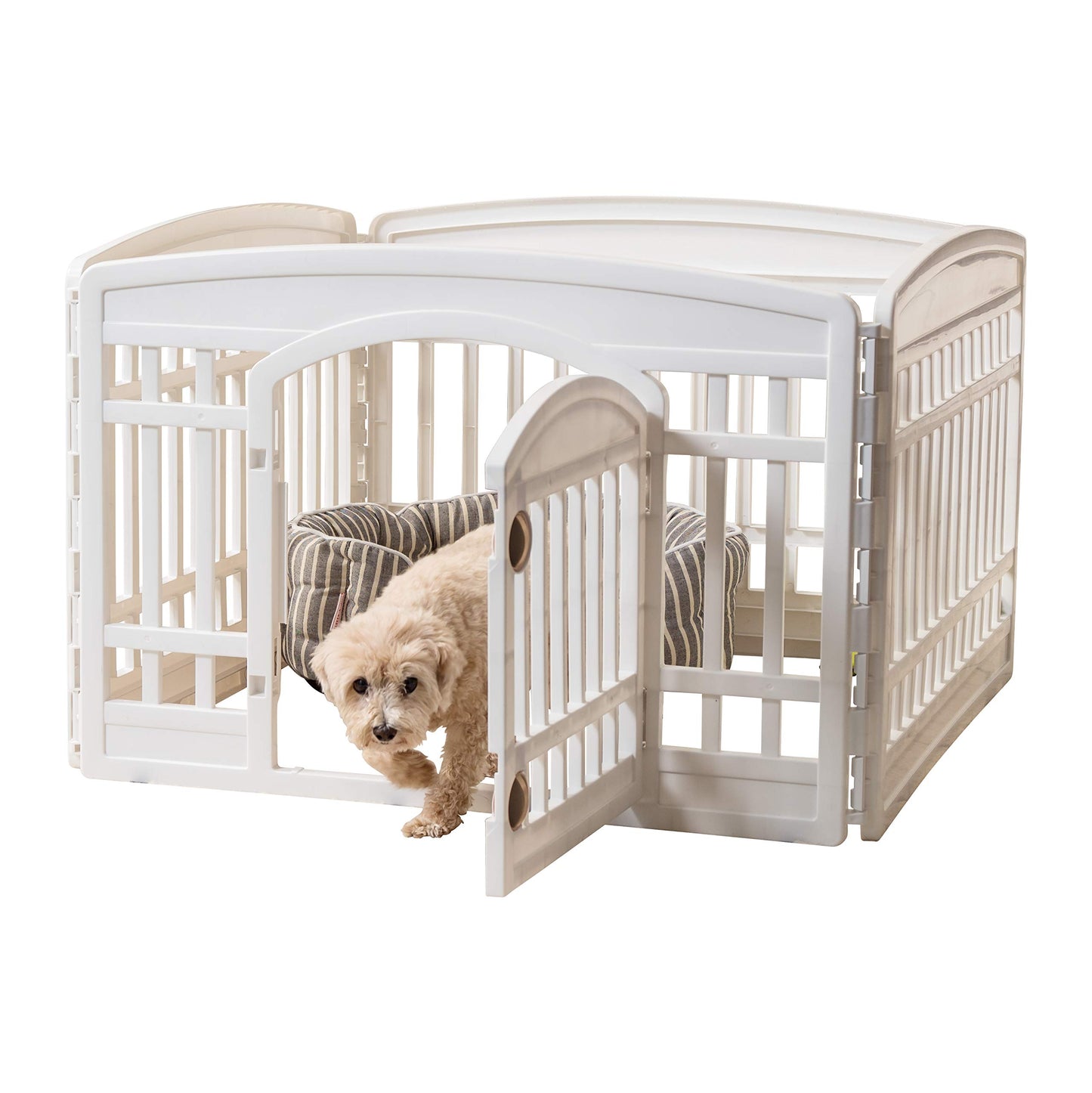 IRIS USA Dog Playpen, 4-Panel 24" Pet Playpen with Door, Puppy Playpen, Indoor/Outdoor Dog Pen, 35 x 35 x 24, Foldable, Customizable, White